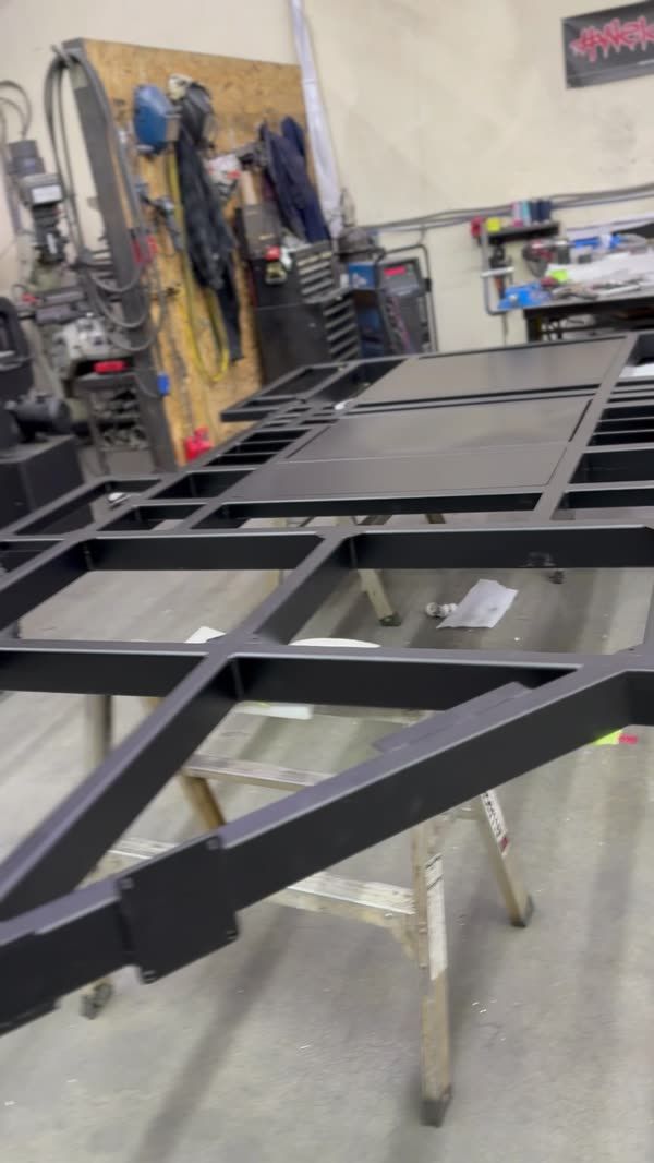 Trailer frame rails and crossmembers in the shop
