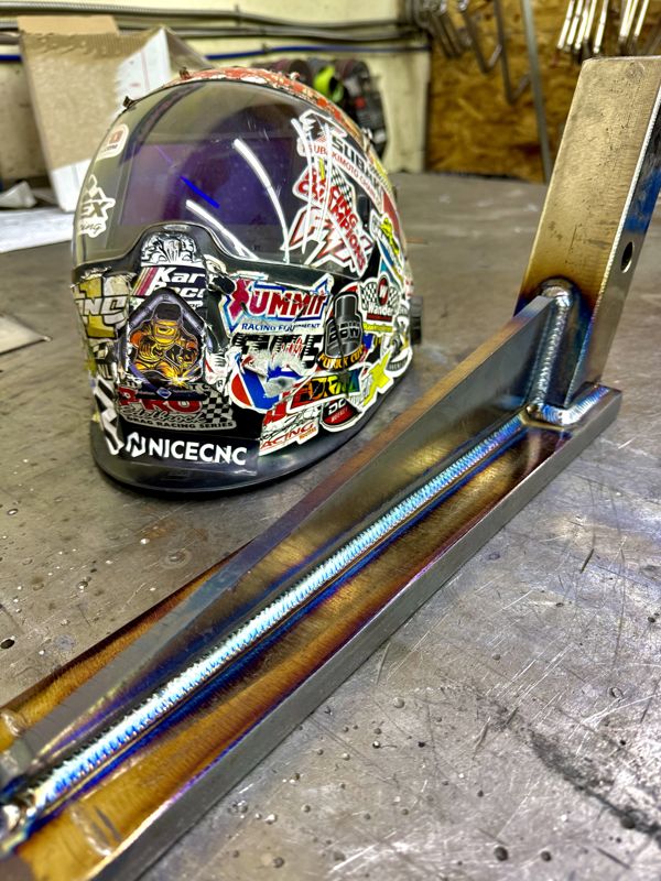 Welded steel fixture on the bench